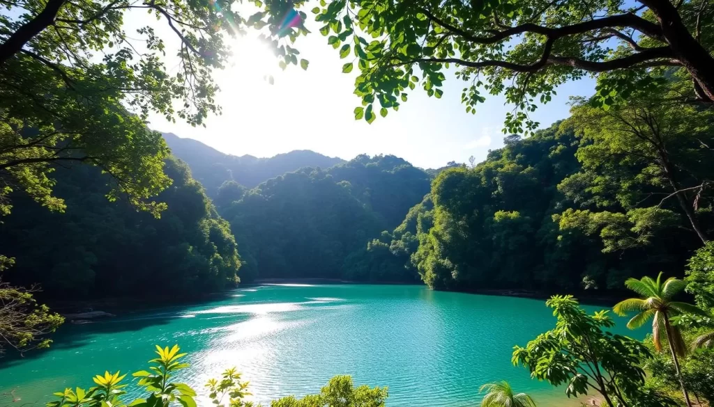 An image of the lush Daintree Rainforest with sunlight filtering through the trees and a clear blue lake in the foreground.
