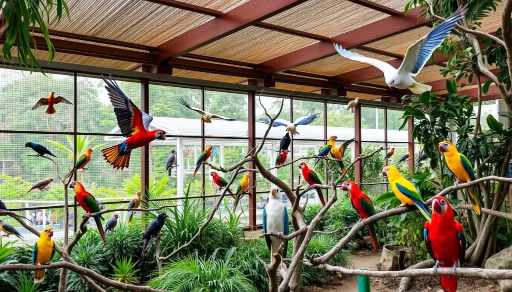 An image of various bird species in the Labuan Bird Park, with some birds in flight and others perched in their spacious enclosures.