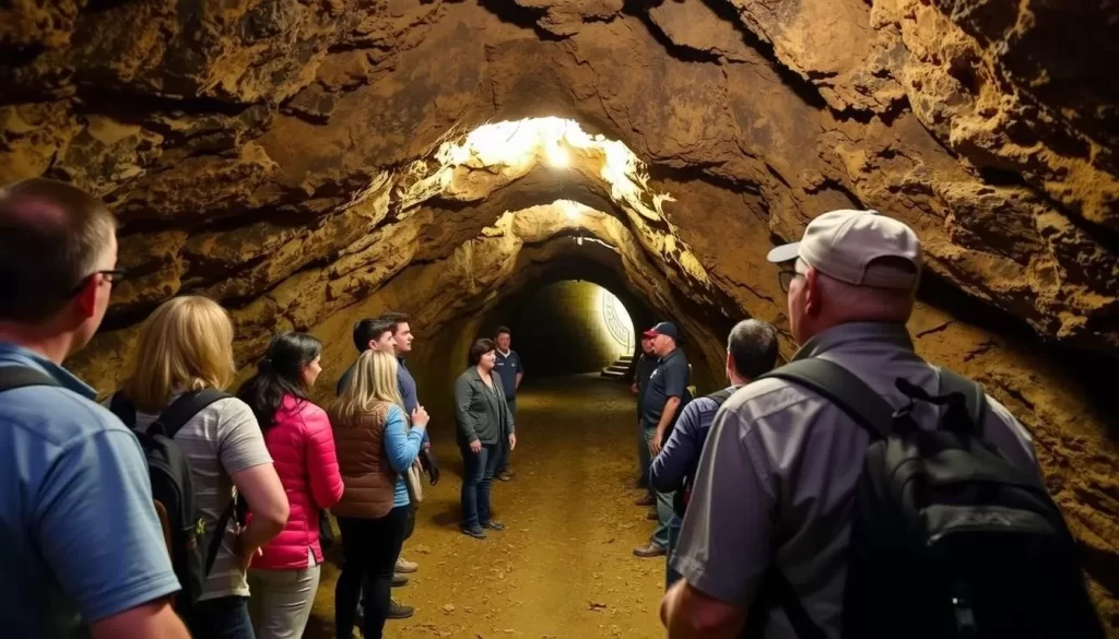 An image of visitors exploring the underground tunnels of Broken Boot Gold Mine, with a knowledgeable guide leading the tour.