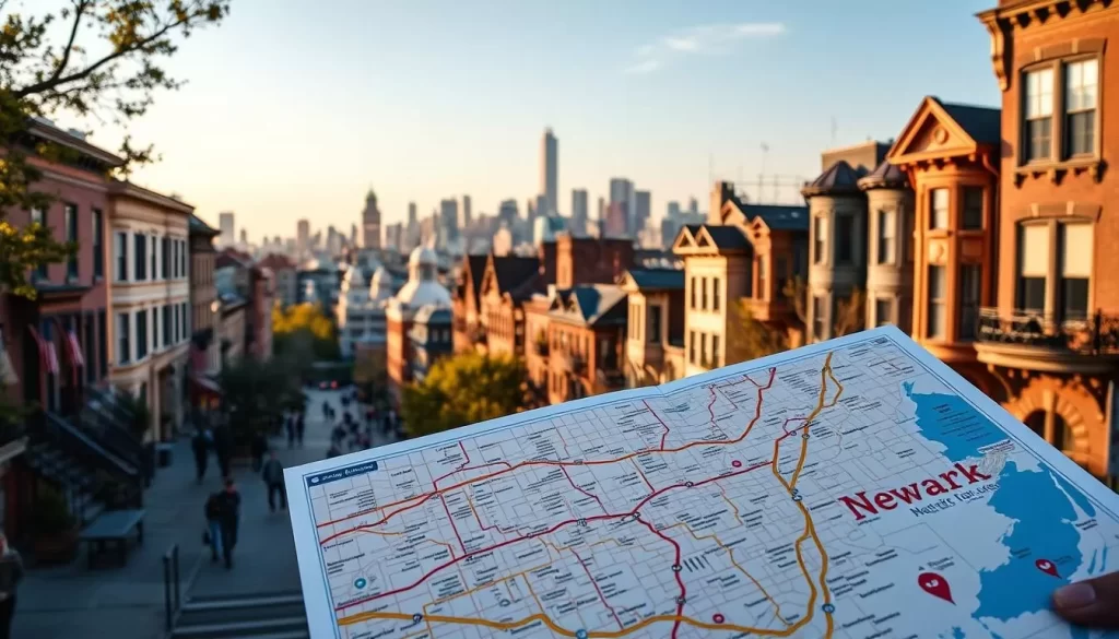 An intricately detailed day trip itinerary, showcasing the best of Newark, New Jersey. In the foreground, a meticulously curated map with highlighted landmarks, restaurants, and attractions. The middle ground features a picturesque urban landscape, with vibrant brownstones, bustling sidewalks, and the iconic Newark skyline in the distance. The background bathes the scene in a warm, golden light, casting a serene, inviting atmosphere. The overall composition captures the energy, diversity, and charm of this dynamic city, inspiring readers to embark on an unforgettable day trip adventure.