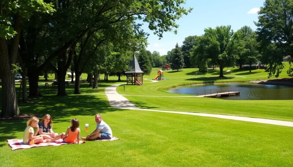 An inviting park in Bellevue, Iowa, on a sunny summer day. Lush green lawns and mature trees line winding pathways. In the foreground, a family enjoying a picnic on a checkered blanket, their laughter echoing across the landscape. In the middle ground, children playing on a well-maintained playground, their delighted shrieks carrying through the air. The background frames a serene pond, its surface glistening, with a wooden dock extending into the water. The overall scene conveys a sense of tranquility and community, capturing the essence of Bellevue's vibrant park system.