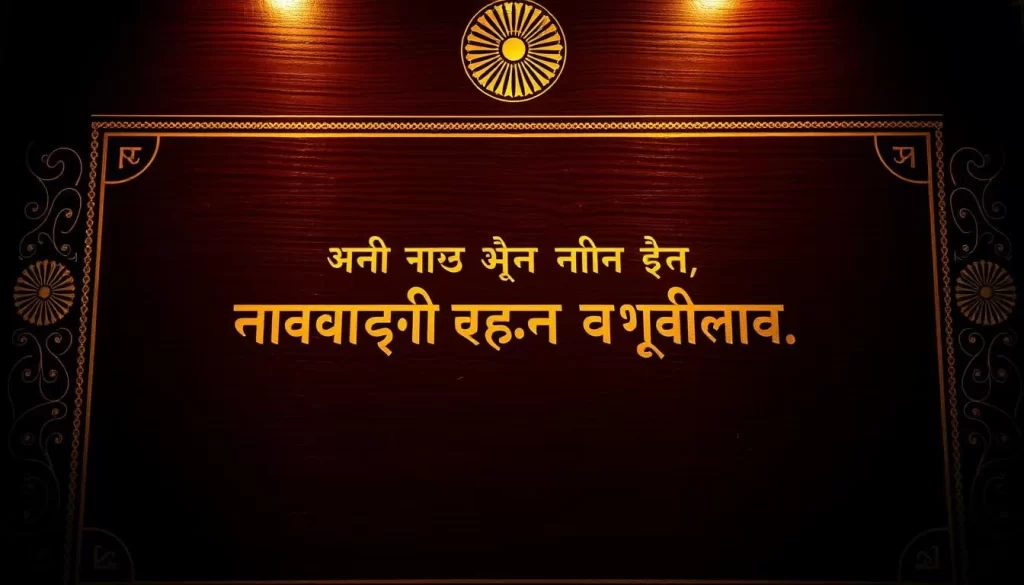 An official declaration in gold lettering on a dark wood surface, with a traditional Indian border design in the background. The lighting is warm and ambient, casting a sense of authority and importance. The composition is balanced, with the text centered and framed by the intricate pattern. The overall atmosphere conveys the seriousness and significance of an official proclamation, capturing the essence of India's official languages.