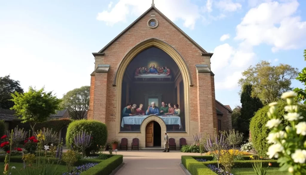 An old British church with a painting of the Last Supper inside, surrounded by serene gardens.
