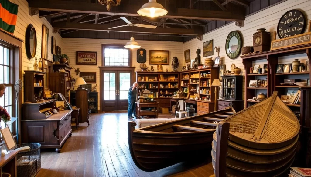 An old-fashioned general store with a museum section featuring historical artifacts like a cast-iron casket and a 20-foot cypress dugout boat.