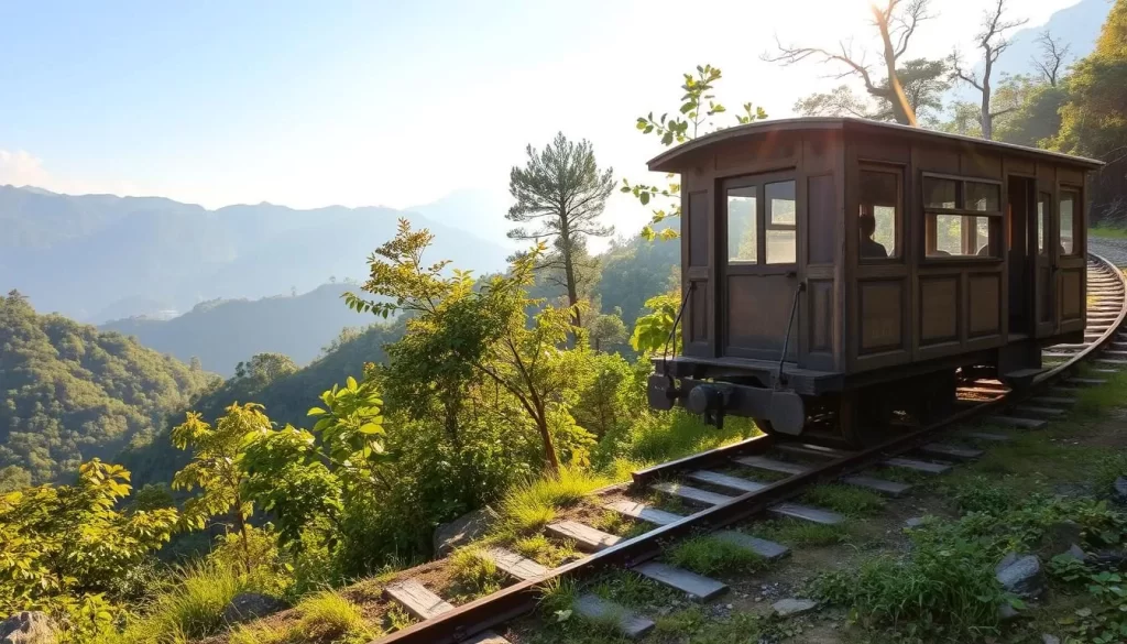 An old-fashioned mountain line rail bike resting on a remote, forested hillside in Miaoli County, Taiwan. The weathered, wooden-framed vehicle sits peacefully amidst lush, verdant foliage and towering peaks in the distance, bathed in warm, golden sunlight filtering through the canopy. The rugged, narrow-gauge tracks snake through the rugged terrain, conveying a sense of historical charm and adventure. The scene evokes a bygone era of slow, contemplative travel through Taiwan's picturesque hinterlands, captivating history buffs with its timeless allure.