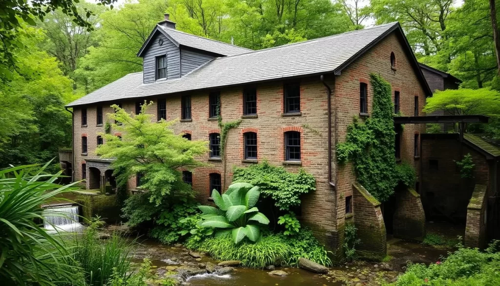 An old mill building with a rich history, surrounded by lush greenery and a serene atmosphere.