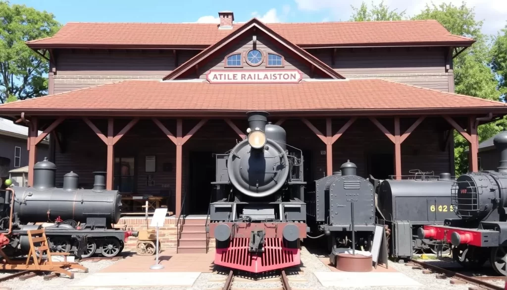An old train depot building with a locomotive on display in front, surrounded by historic railroad equipment.