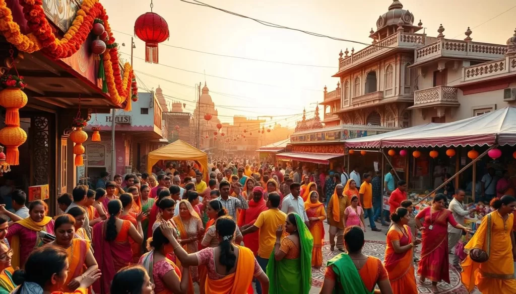 An ornate and vibrant Indian festival celebration, set against a backdrop of a sun-dappled town square. In the foreground, a lively crowd of revelers in colorful traditional attire dance to the rhythm of drums and sitars. Detailed decorations such as marigold garlands, paper lanterns, and intricate rangoli patterns adorn the scene. In the middle ground, stalls offer an array of spiced street food, handcrafted goods, and festive trinkets. The background features the warm, golden hues of an Indian sunset, illuminating the ornate architecture and bustling energy of the celebration.