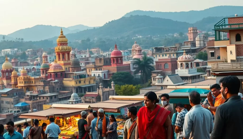 An ornate city skyline in Madhya Pradesh, India, with a diverse array of architectural styles and vibrant colors. In the foreground, people from various cultural backgrounds converse animatedly, their gestures and expressions reflecting the rich linguistic tapestry of the region. The middle ground showcases bustling market stalls, where vendors offer an array of local goods and wares, each speaking in their native tongue. In the background, rolling hills and lush greenery provide a scenic backdrop, hinting at the linguistic diversity that extends beyond the urban center. Warm, diffused lighting illuminates the scene, creating a sense of harmony and cultural exchange.