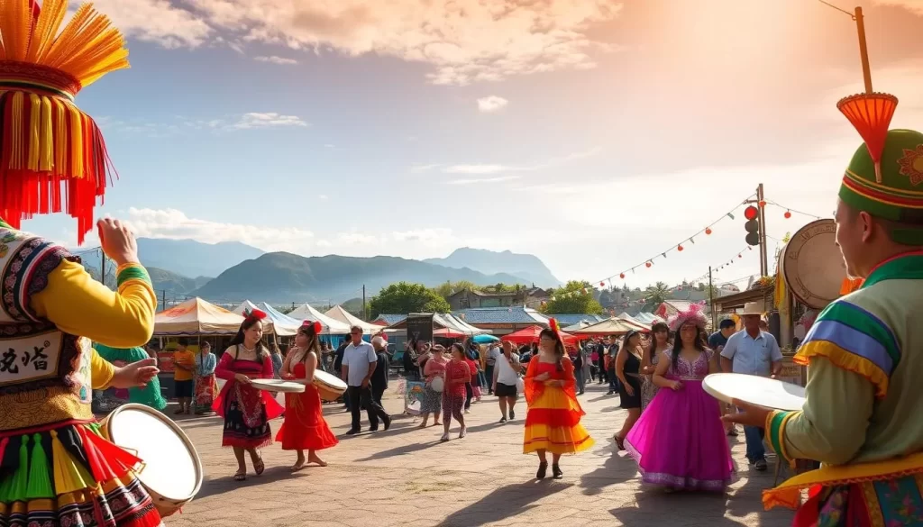 An outdoor festival scene in Taitung County, Taiwan, with vibrant colors, traditional costumes, and lively performances. In the foreground, colorfully dressed performers dance to the rhythm of drums and cymbals. In the middle ground, a bustling marketplace showcases local crafts, foods, and souvenirs. In the background, a picturesque landscape of mountains and coastline sets the stage for the festivities. Warm, golden sunlight filters through the scene, creating a celebratory atmosphere. Capture the rich cultural heritage and joyous spirit of Taitung's thriving festival culture.
