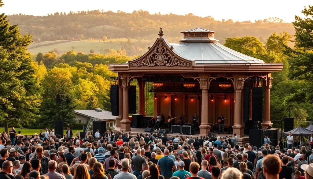 An outdoor music festival in a lush, verdant park setting. In the foreground, crowds of people enjoying the live performance on stage, their energy and enthusiasm palpable. In the middle ground, a grand, ornate bandshell with intricate architectural details, bathed in warm, golden evening light. In the background, a rolling landscape of trees and greenery, creating a serene, natural backdrop. The scene is infused with a sense of joy, community, and the appreciation of live, free music under the open sky.