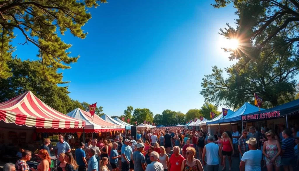An outdoor summer festival in Mississippi, USA, with people enjoying live music, food stalls, and festive decorations. A lively scene under a clear blue sky, warm sunlight filters through swaying trees. In the foreground, a colorful crowd gathers around a band playing on a stage, their energetic performance captured with a wide-angle lens. The middle ground features food vendor tents selling local delicacies, their aromas wafting through the air. In the background, families stroll through rows of craft booths, browsing unique handmade goods. An overall atmosphere of community, celebration, and weather-perfect bliss.