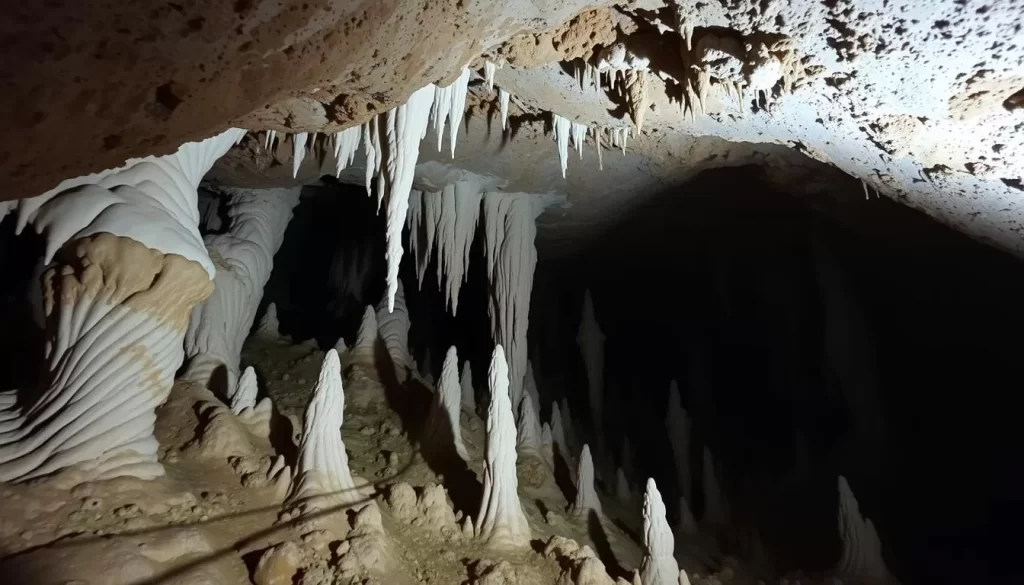 An underground cavern with milky white stalactites and stalagmites