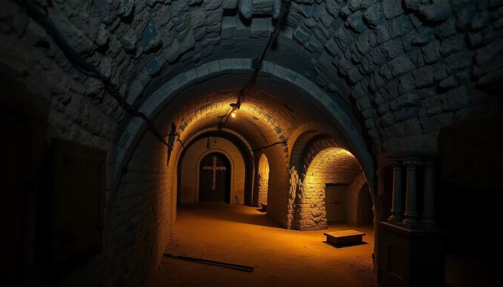 An underground tour of the Catacombs of St. Joseph's in Newark, New Jersey, showing the historic underground tunnels and chambers.