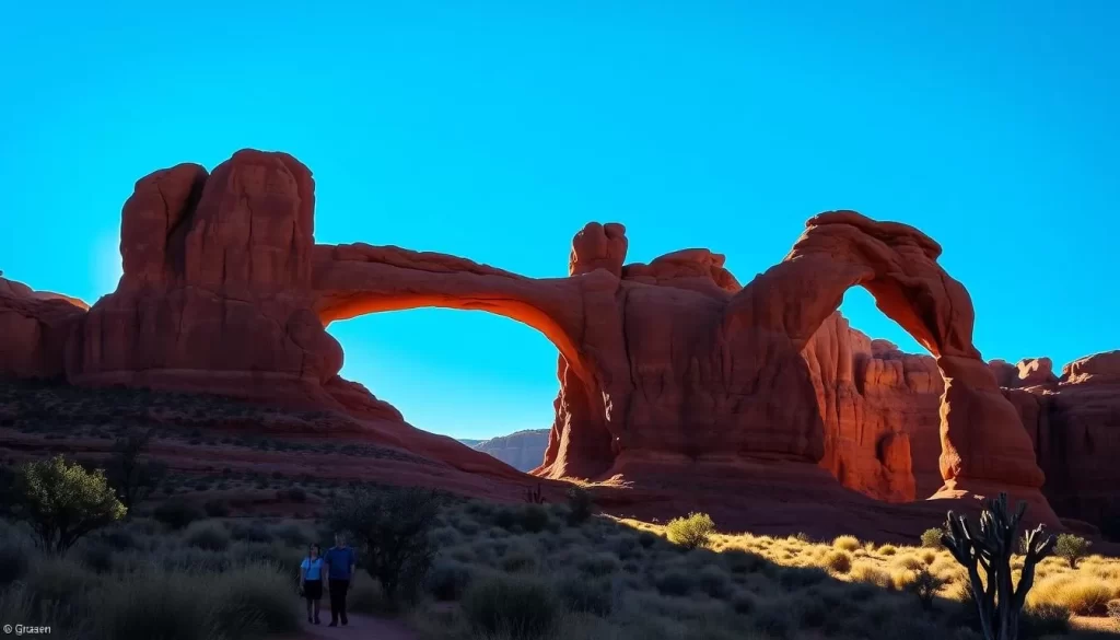 Arches National Park, Utah on a sunny afternoon. Majestic sandstone arches silhouetted against a vibrant blue sky, casting long shadows across the ochre-hued landscape. In the foreground, a family exploring the park's trails, their silhouettes dwarfed by the towering rock formations. Warm light bathes the scene, highlighting the textures and contours of the unique geological wonders. A serene, awe-inspiring atmosphere, inviting visitors to immerse themselves in the park's timeless beauty.