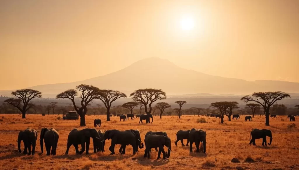 Arusha National Park in the dry season, a vast savanna landscape under a warm, golden sun. In the foreground, a herd of elephants grazes peacefully, their trunks swaying as they forage. Towering acacia trees dot the middle ground, casting dramatic shadows across the parched earth. In the distant background, the majestic, snow-capped peak of Mount Meru rises, its rugged slopes bathed in a soft, hazy light. The scene exudes a sense of tranquility and timelessness, capturing the essence of this remarkable Tanzanian wilderness during its most arid time of year.