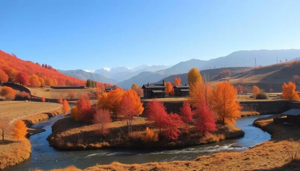 Autumn in Kashmir: A Serene Landscape A picturesque scene of autumn in the Kashmir Valley, India. Vibrant orange and red foliage blankets the gently rolling hills, creating a stunning contrast against the clear blue sky. In the foreground, a winding stream cuts through the landscape, its calm waters reflecting the surrounding trees. In the middle ground, traditional Kashmiri wooden houses with distinctive architecture dot the landscape, blending seamlessly with the natural environment. In the distance, the majestic Himalayan mountains stand tall, their snow-capped peaks piercing the horizon. Soft, warm lighting bathes the entire scene, evoking a peaceful and serene atmosphere.