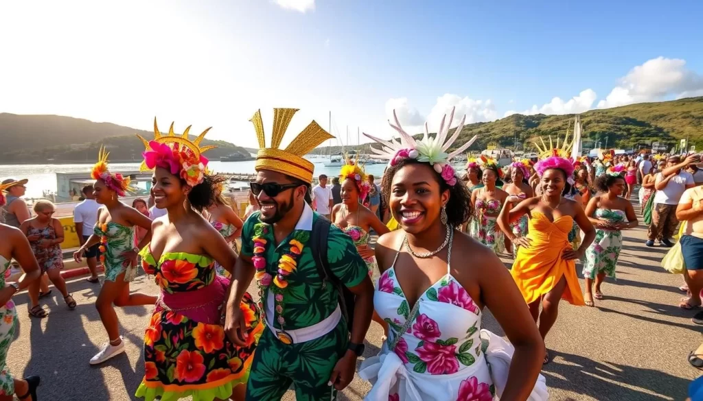 Bermuda summer festival with vibrant colorful parades, lively traditional music, and costumed dancers celebrating the island's rich heritage. Capture the energy of the event with a wide-angle lens, showcasing the bustling crowds, ornate floats, and tropical floral decorations. Bathe the scene in golden afternoon sunlight, casting warm shadows and illuminating the joyful expressions of the participants. Convey the festive atmosphere through the lively movements, bright patterns, and celebratory atmosphere. Include the picturesque harbor and lush green hills in the background to situate the event within Bermuda's stunning natural landscape.