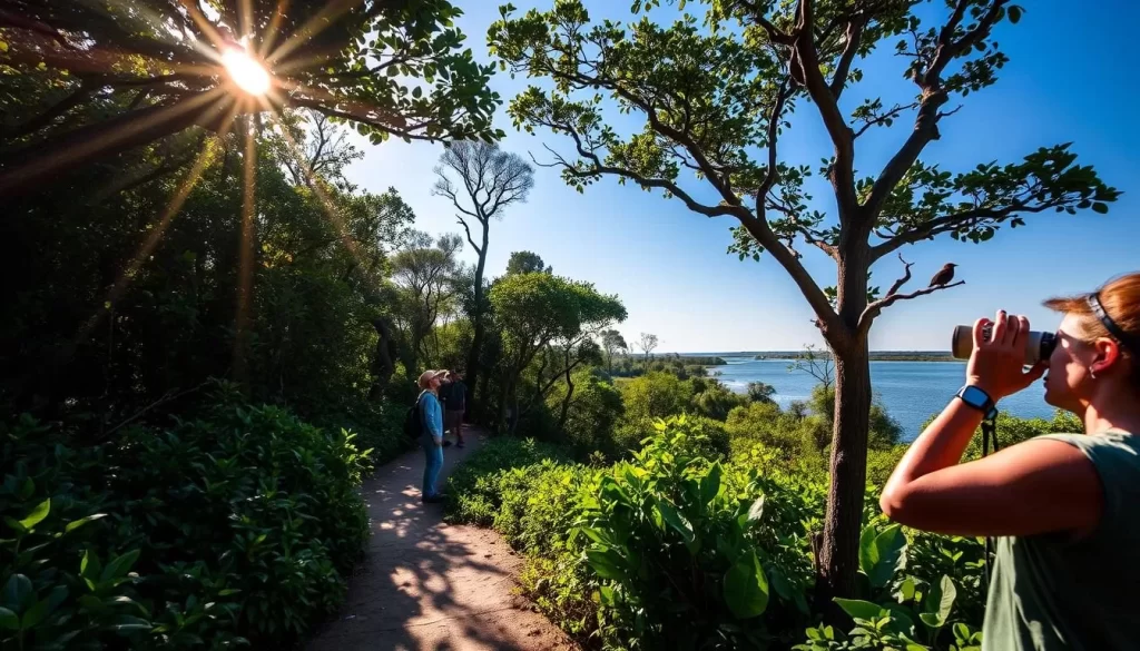 Birdwatchers explore the lush mangrove forests of Jozani-Chwaka Bay National Park, Tanzania, binoculars in hand, searching for vibrant species amidst the verdant foliage. Sunlight filters through the canopy, casting a warm glow on the scene. In the foreground, a path winds through the undergrowth, leading deeper into the park. In the middle ground, a group of birdwatchers pause to observe a colorful bird perched on a branch. The background showcases the diverse landscape, with towering mangrove trees, sparkling waters, and a clear blue sky overhead. The atmosphere is serene and tranquil, inviting visitors to immerse themselves in the park's natural wonders and seek out the diverse array of avian inhabitants.
