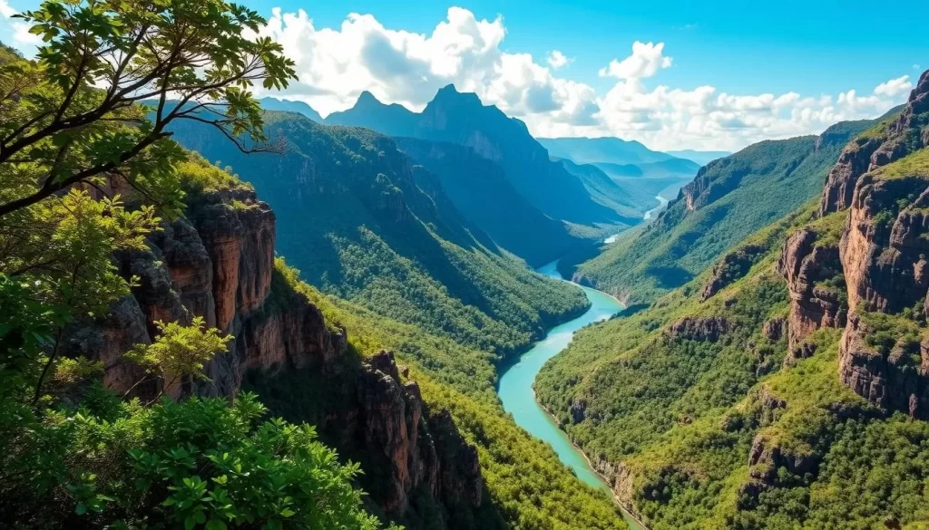 Blyde River Canyon, a breathtaking natural wonder nestled in the heart of South Africa's Drakensberg Mountains. Capture the dramatic cliffs and lush, verdant foliage in the foreground, with sunlight filtering through the canopy and casting a warm glow across the scene. In the middle ground, the winding Blyde River snakes through the canyon, its turquoise waters reflecting the azure sky above. In the background, towering peaks rise majestically, their rugged silhouettes framed by fluffy clouds. Utilize a wide-angle lens to showcase the grandeur of this picturesque landscape, and employ natural lighting to imbue the image with a sense of serenity and awe.