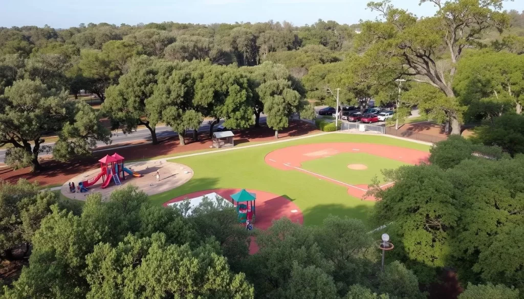 Brayton Park's playground and baseball fields surrounded by oak trees