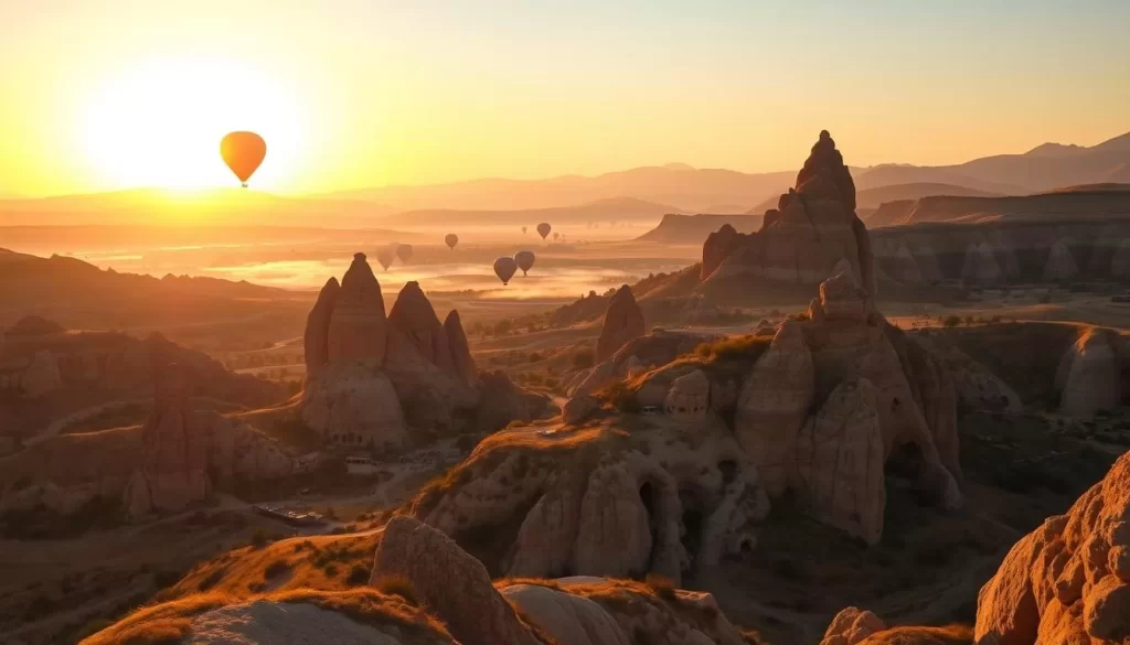 Breathtaking sunrise over the otherworldly landscape of Cappadocia, Turkey. Dramatic rock formations and ancient cave dwellings bathed in warm, golden light. Mist-shrouded valleys and hot air balloons drifting peacefully in the crisp morning air. Capture the serene and magical atmosphere of this iconic destination, showcasing the region's unique geological features and timeless beauty. Employ a wide-angle lens to frame the impressive panorama, with attention to leading lines, depth, and balanced composition. Convey a sense of awe and tranquility that will inspire the viewer to explore this extraordinary corner of the world.