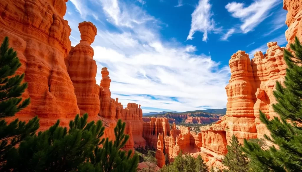 Bryce Canyon National Park, Utah, a mesmerizing natural wonder. Undulating hoodoos in vibrant shades of red, orange, and pink, carved by wind and water over millennia. Capture the grandeur of the amphitheater-like landscape, with towering spires and fins reaching skyward under a brilliant azure sky dotted with wispy clouds. Showcase the dramatic relief and intricate textures of the rock formations, framed by the lush, verdant foliage in the foreground. Use a wide-angle lens to convey the vastness and scale of this geological masterpiece, bathed in the warm, golden light of a perfect day. Evoke a sense of awe and timelessness, inviting the viewer to embark on a journey of discovery into this enchanting land.