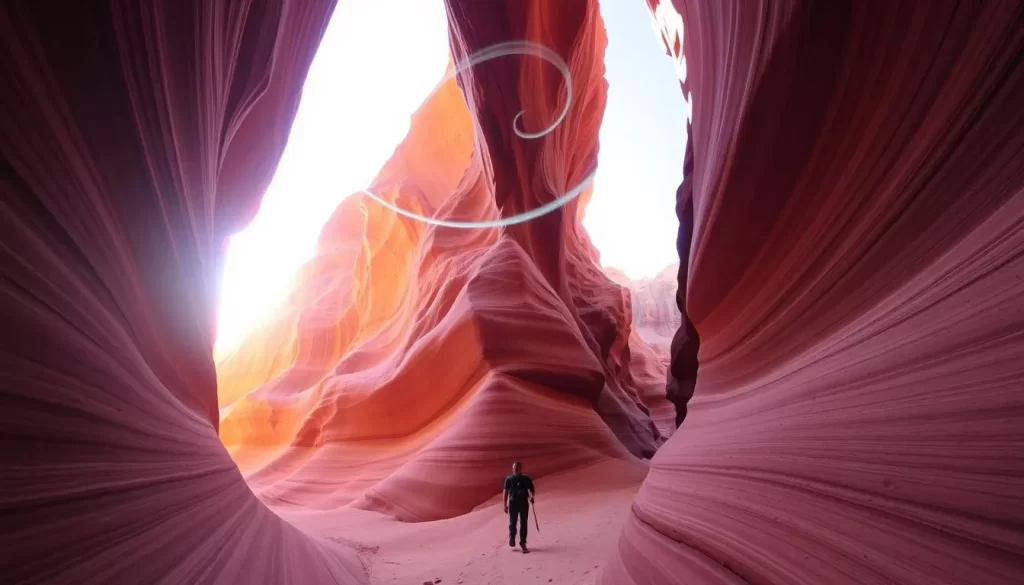 Buckskin Gulch, a majestic slot canyon in the heart of Paria Canyon, Utah. Warm sunlight filters through the towering sandstone walls, casting a golden glow on the winding path below. Smooth, undulating rock formations stretch out into the distance, inviting hikers to explore this natural wonder. In the foreground, a lone hiker navigates the narrow passage, surrounded by the vibrant hues of the canyon's striations. Wisps of cloud dance across the open sky, adding to the serene and tranquil atmosphere. Capture the essence of this iconic Utah destination, a must-visit for any outdoor enthusiast.