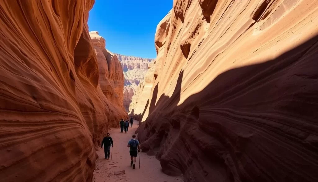 Buckskin Gulch hiking trail, a picturesque winding path through towering sandstone walls, bathed in warm afternoon sunlight. Hikers traverse the narrow slot canyon, their silhouettes adding a sense of scale to the dramatic landscape. Streaks of shadow and light dance across the undulating rock formations, creating a play of textures and depth. In the distance, a glimpse of the blue sky above offers a visual respite from the enclosed canyon. The overall mood is one of adventure and exploration, inviting the viewer to imagine themselves embarking on this stunning multi-day backpacking journey.
