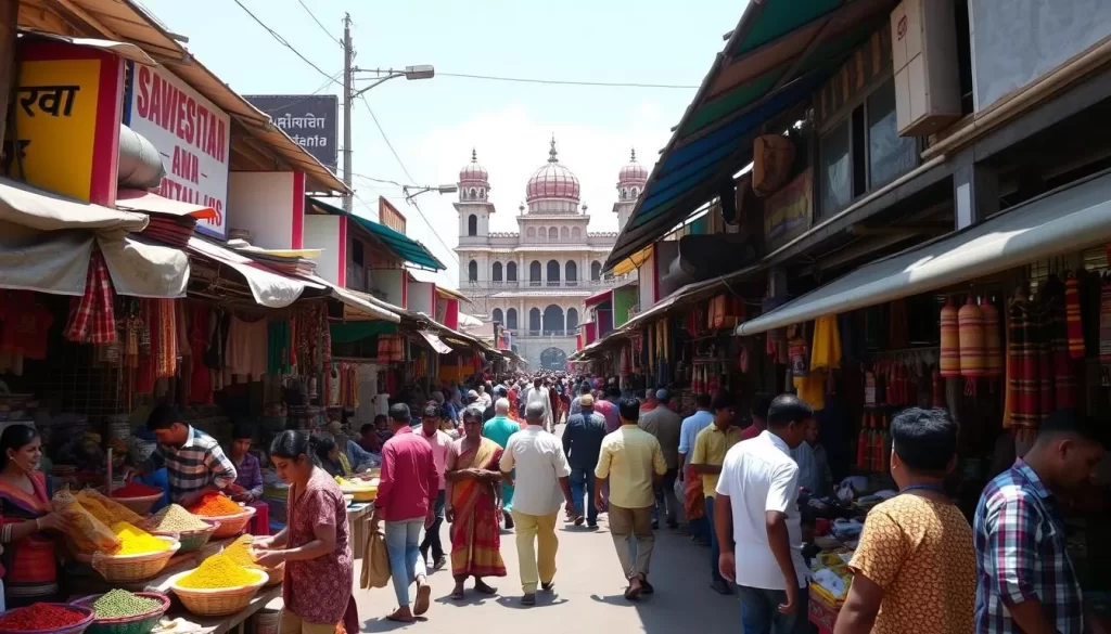 Bustling Battala Market in Agartala, Tripura on a sunny day. Capture the vibrant atmosphere with vendors selling colorful wares, from spices and produce to handcrafted textiles and trinkets. Shoppers navigate the crowded lanes, engaged in animated haggling. Glimpse the iconic Ujjayanta Palace in the background, its domes and minarets rising majestically. Use a wide-angle lens to convey the scale and energy of this local hub, with natural lighting accentuating the details. Evoke the sights, sounds, and shared experiences of this authentic, immersive shopping destination.