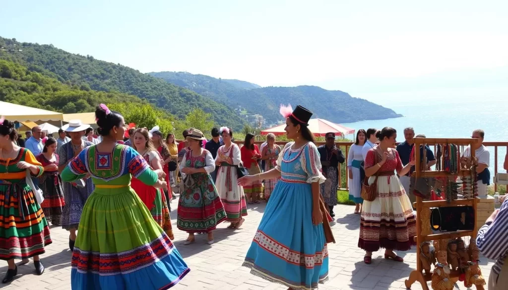 Bustling Giresun Island, Turkey, hosts vibrant cultural festivals showcasing local traditions. In the foreground, colorfully dressed dancers sway to the rhythmic beats of traditional music, their intricate costumes reflecting the island's rich heritage. In the middle ground, artisans display handcrafted wares, from intricate textiles to carved wooden figurines, highlighting the island's skilled craftsmanship. The background features the lush, verdant landscape of the island, with the sparkling Aegean Sea as a stunning backdrop. Bright, natural lighting illuminates the scene, creating a warm, inviting atmosphere that captures the essence of Giresun Island's vibrant cultural celebrations.