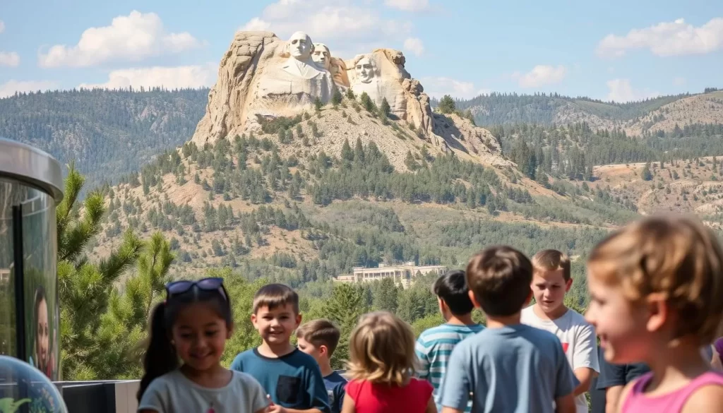 Bustling Rapid City, South Dakota: a family-friendly haven filled with captivating attractions. In the foreground, children explore the interactive exhibits at the Rapid City Science Center, their faces alight with wonder. In the middle ground, the iconic Mount Rushmore National Memorial stands tall, its majestic presidents gazing out over the landscape. In the background, the lush, rolling hills of the Black Hills National Forest provide a serene backdrop, bathed in the warm glow of a summer afternoon. The scene captures the perfect blend of educational, outdoor, and awe-inspiring experiences that make Rapid City a must-visit destination for families.