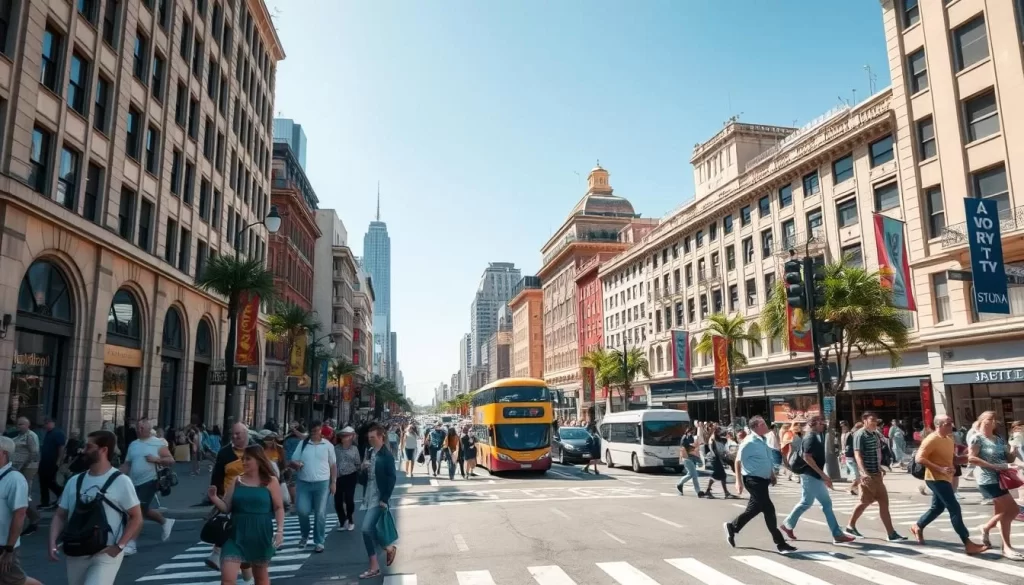 Bustling city streets on a bright summer day, with throngs of people navigating the sidewalks and crossing the roads. Capture the energy and liveliness of a vibrant urban center, but with an underlying sense of tranquility and spaciousness. Use a wide-angle lens to showcase the grand scale of the scene, with towering buildings and a clear blue sky in the background. The lighting should be soft and diffused, creating a warm, inviting atmosphere. Emphasize the foreground with detailed depictions of pedestrians and vehicles, while maintaining a sense of depth and balance in the composition.