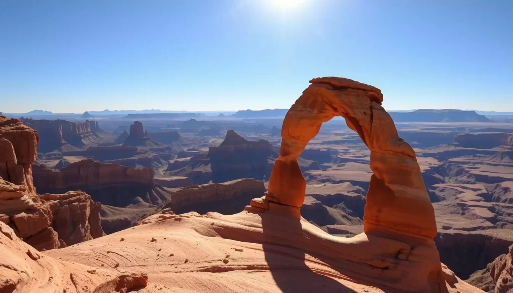 Canyonlands National Park, Utah, a vast wilderness of sculpted sandstone carved by the Colorado River. Capture the dramatic landscape with a wide-angle lens, framing the iconic Mesa Arch in the foreground, casting dramatic shadows across the rugged terrain. In the middle ground, showcase the intricate patterns and vibrant colors of the Needles District, with its towering spires and deep canyons. In the background, the distant mesas and buttes of the Island in the Sky district shimmer under the warm, golden light of a clear day. Convey a sense of peaceful solitude and the awe-inspiring scale of this natural wonder.