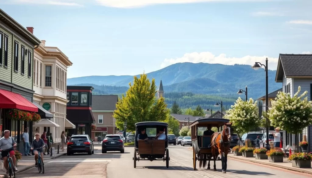 Capture the scenic transportation options in Stowe, Vermont on a picturesque summer day. A bustling village street with a mix of classic New England architecture and modern vehicles - electric cars, bicycles, and pedestrians strolling along the sidewalks. In the middle ground, a horse-drawn carriage transports visitors past vibrant flower boxes and blooming trees. In the background, the majestic Green Mountains rise up, their peaks touched by soft, wispy clouds. Warm, natural lighting illuminates the scene, creating a charming, postcard-worthy atmosphere.