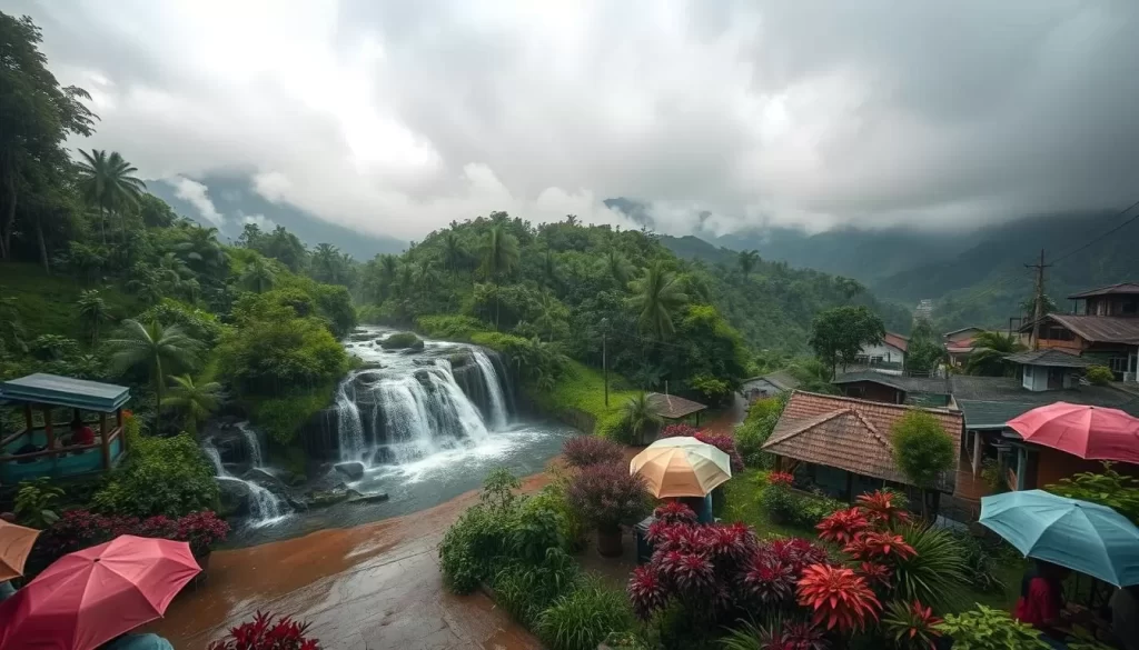 Cascading waterfalls tumbling through lush, verdant hills under a dramatic monsoon sky. Rain-soaked streets of a quaint Naga village, colorful umbrellas dotting the scene. Misty clouds shrouding the distant mountains, creating an ethereal, mystical atmosphere. Vibrant flora in shades of green, purple, and red thriving in the humid, post-shower air. Warm, diffused lighting illuminating the glistening landscape, with a sense of tranquility and renewal permeating the air. Capture the serene beauty and the rich, earthy tones of a Nagaland monsoon in this cinematic, wide-angle shot.