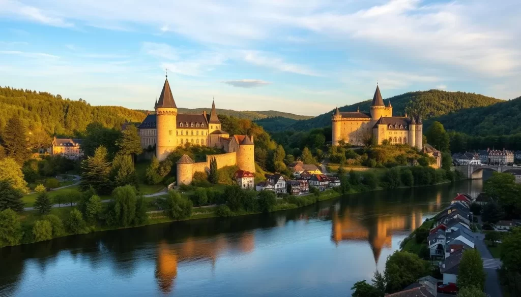 Castles nestled atop rolling hills, their spires reaching towards the azure sky. A picturesque landscape framed by lush forests and the winding Meuse River, creating a dreamlike scene in Dinant, Belgium. Capture the grandeur of these medieval fortresses bathed in warm, golden light, their stone walls reflecting in the still waters below. Showcase the region's rich history and natural beauty, inviting the viewer to imagine strolling along cobblestone pathways and exploring the charming town below. A serene and captivating image that encapsulates the allure of Dinant's castle-dotted countryside.