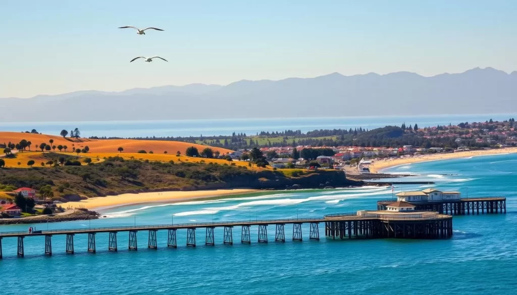 Central California Coast on a Sunny Afternoon: Warm ocean breeze, rolling hills dotted with oak trees, and a peaceful shore lined with sandy beaches and rocky cliffs. Seagulls soar above the cerulean waters as sunlight dances across the waves. In the foreground, a picturesque pier extends into the tranquil bay, inviting visitors to take a leisurely stroll. The middle ground features a vibrant seaside town with colorful buildings and bustling activity. Beyond, the horizon is framed by the hazy silhouettes of the Santa Lucia Mountains, their rugged peaks casting long shadows over the idyllic scene. Capture the essence of Central California's inviting climate and natural beauty.