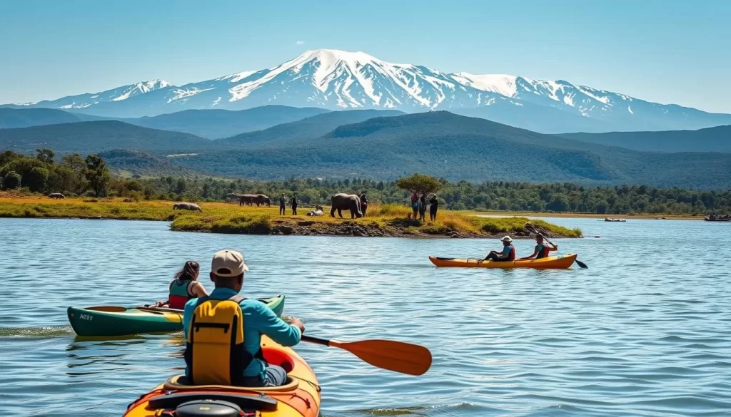 Central Island National Park in Kenya on a sunny day. In the foreground, adventurous tourists engage in various activities like kayaking on the tranquil lake, spotting wildlife like hippos and crocodiles along the shores. In the middle ground, a group of hikers explore the lush, verdant landscapes, taking in the panoramic vistas. In the background, the majestic, snow-capped peaks of the Kenyan highlands rise majestically, creating a dramatic and awe-inspiring backdrop. The scene is bathed in warm, golden light, capturing the serene and picturesque atmosphere of this remarkable national park. Utilize a wide-angle lens to showcase the expansive, cinematic nature of the setting.