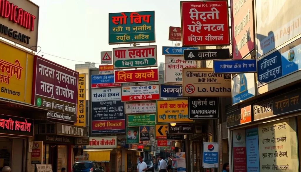 Chandigarh's linguistic landscape in public spaces, a vibrant tapestry of multilingual signage. Depict a bustling street scene with a diverse array of storefront signage, billboards, and wayfinding markers. Capture the intricate blend of Hindi, Punjabi, and English scripts, reflecting the city's cosmopolitan character. Showcase the interplay of traditional and modern design elements, with neon-lit signage and hand-painted, ornate lettering. Bathe the scene in warm, golden daylight, casting soft shadows and creating a sense of openness and accessibility. Compose the image to emphasize the visual harmony and cohesion of the multilingual environment, inviting the viewer to immerse themselves in Chandigarh's linguistic diversity.