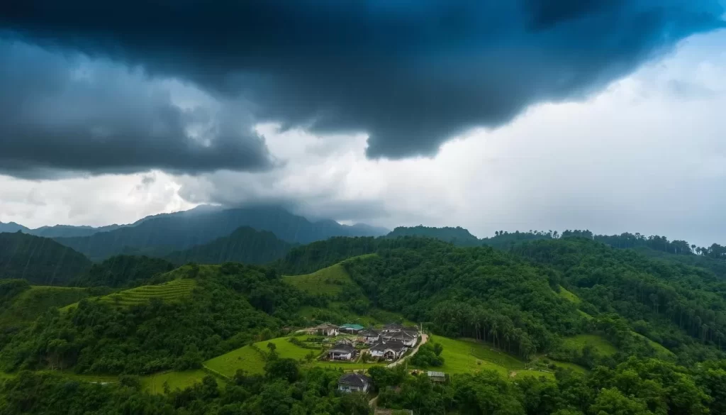 Changhua County during typhoon season, a windswept landscape under darkened skies. Rain pours down, lashing the lush green hills and dense forests. In the foreground, a small rural village nestled amidst the rolling terrain, its thatched-roof homes weathering the storm. Towering black storm clouds dominate the background, their ominous presence hinting at the power of the approaching typhoon. Dramatic beams of light pierce through the gloom, illuminating the scene with an eerie, foreboding glow. The air is thick with the scent of wet earth and the sound of howling winds. This is typhoon season in Changhua County, a time of both natural beauty and potential danger.