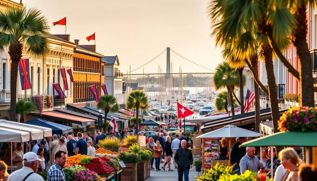Charleston Seasonal Events: A vibrant cityscape showcasing the charm of Charleston, South Carolina, during its most celebrated annual events. In the foreground, a bustling farmers' market with vibrant produce, local artisans, and friendly crowds. In the middle ground, historic buildings adorned with colorful banners and flags, capturing the festive atmosphere. In the background, a picturesque harbor with sailing boats and the iconic Arthur Ravenel Jr. Bridge, bathed in warm, golden sunlight. Capture the essence of Charleston's lively spirit, from the blooming azaleas of the spring festival to the twinkling lights of the holiday parade, all against a backdrop of the city's timeless charm.