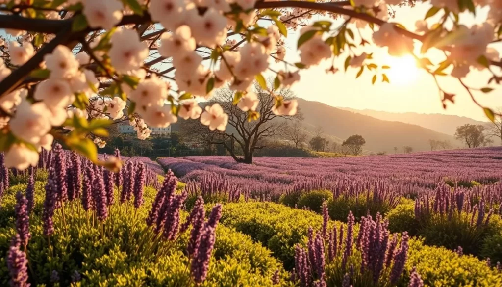 Chiayi County in the spring, a symphony of blooming cherry blossoms and verdant tea plantations. In the summer, the sun-dappled fields of lavender sway gently. Autumn brings a vibrant palette of fall foliage, while winter's snowcapped mountains offer a tranquil retreat. Capture this seasonal tapestry through a wide-angle lens, framing the stunning natural landscapes. The warm, golden light bathes the scene, creating a serene, almost dreamlike atmosphere. Compose the image to guide the viewer's eye, leading them on a visual journey through Chiayi's captivating seasonal highlights.