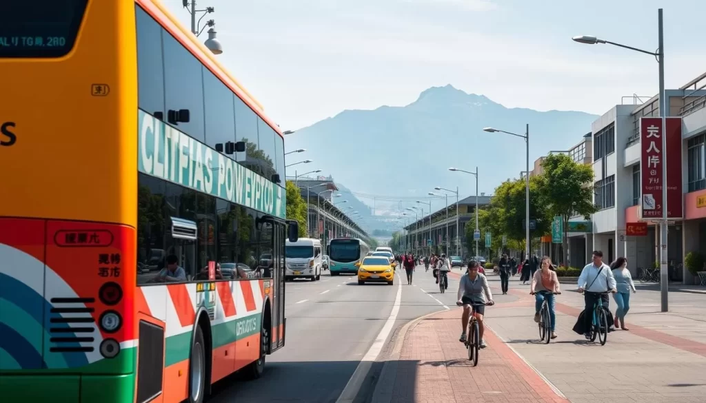 Chiayi County's vibrant transportation network, captured on a sunny day. In the foreground, a bus navigates the bustling city streets, its sleek design and bright colors reflecting the modernity of the county's infrastructure. In the middle ground, pedestrians stroll along neatly paved sidewalks, while cyclists weave through the traffic, showcasing the county's commitment to sustainable mobility. In the background, the picturesque Alishan mountain range rises, providing a breathtaking natural backdrop to the scene. The lighting is soft and diffused, creating a warm and inviting atmosphere. The camera angle is slightly elevated, offering a panoramic view of the dynamic transportation landscape.