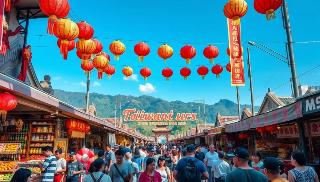Colorful street festival in the heart of Taitung, Taiwan. Bustling crowds weave through vibrant stalls selling local crafts, delicious street food, and traditional cultural performances. Lanterns and banners hang overhead, casting a warm glow. In the background, lush green mountains and clear blue skies create a picturesque setting. Capture the festive atmosphere with a wide, high-angle shot using a 35mm lens, natural lighting, and a shallow depth of field to emphasize the dynamic foreground activity.