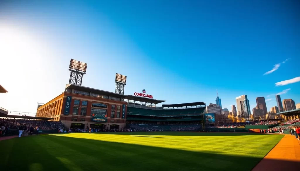 Comerica Park, the iconic baseball stadium in downtown Detroit, bathed in the warm glow of a sun-drenched afternoon. The grand façade, with its classic brick and limestone architecture, stands proudly against a cloudless azure sky. Fans stream through the turnstiles, eager to cheer on the Detroit Tigers as they take the field. The lush, meticulously manicured grass of the outfield shimmers, inviting players to showcase their skills. Towering light fixtures cast a gentle illumination, creating a sense of anticipation and excitement for the game to come. In the distance, the shimmering skyline of Detroit serves as a stunning backdrop, reflecting the city's vibrant energy and sports-centric culture.