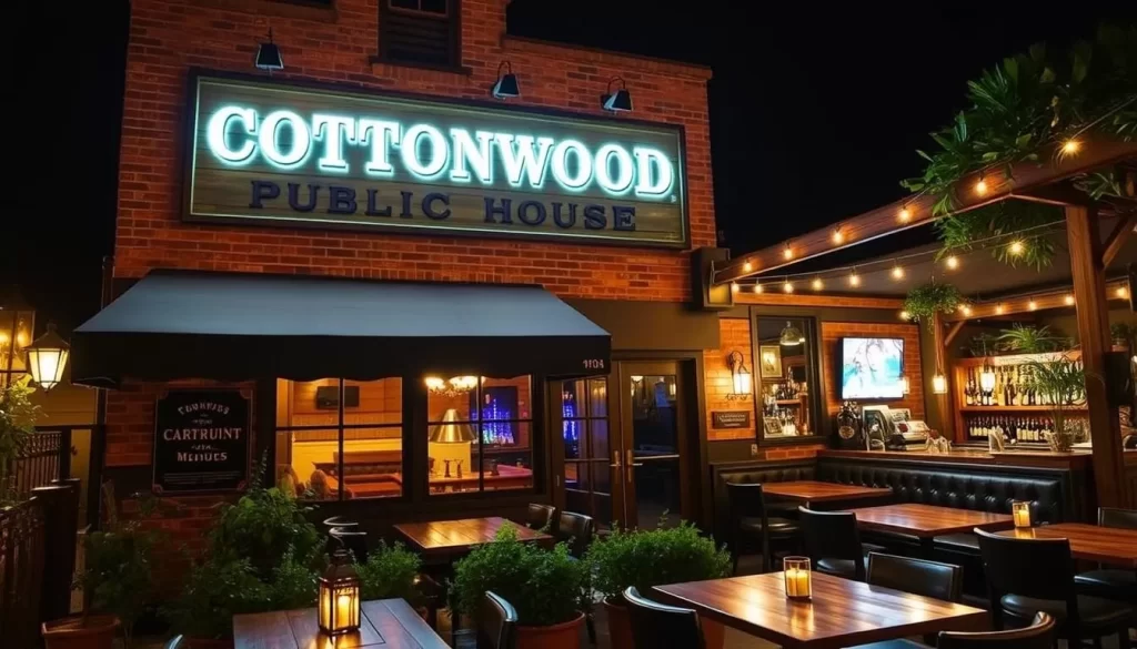 Cottonwood Public House, a charming gastropub nestled in the heart of historic Vicksburg, Mississippi. Capture its inviting exterior, with warm lights casting a cozy glow on the weathered brick facade and rustic wooden accents. Showcase the well-manicured patio, where patrons can sip craft cocktails and enjoy live music under the soft light of lanterns and string lights. Inside, the pub's intimate ambiance is highlighted by plush leather seating, polished wooden tables, and a well-stocked bar offering a selection of local beers and Southern-inspired cuisine. Depict the lively atmosphere, where locals and visitors alike come to unwind and experience the vibrant nightlife of this Mississippi River town.