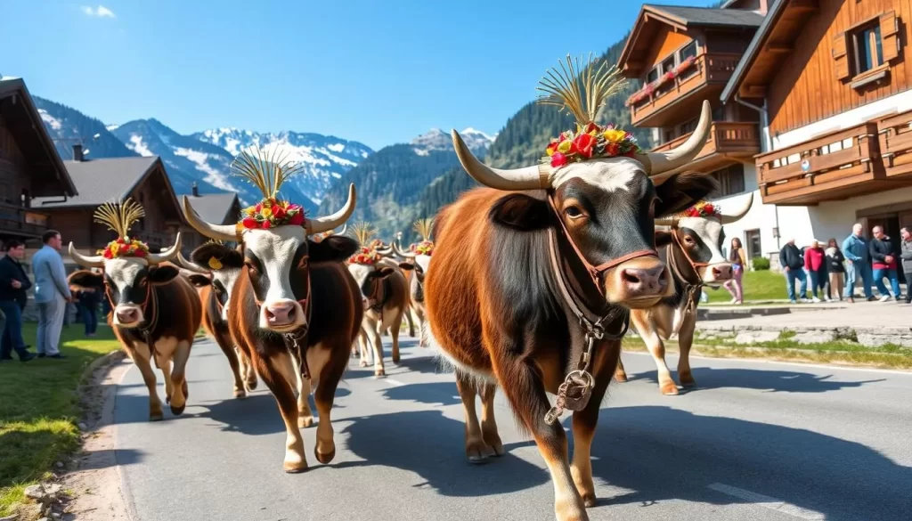 Cows with decorative headdresses being paraded through a Tyrolean village