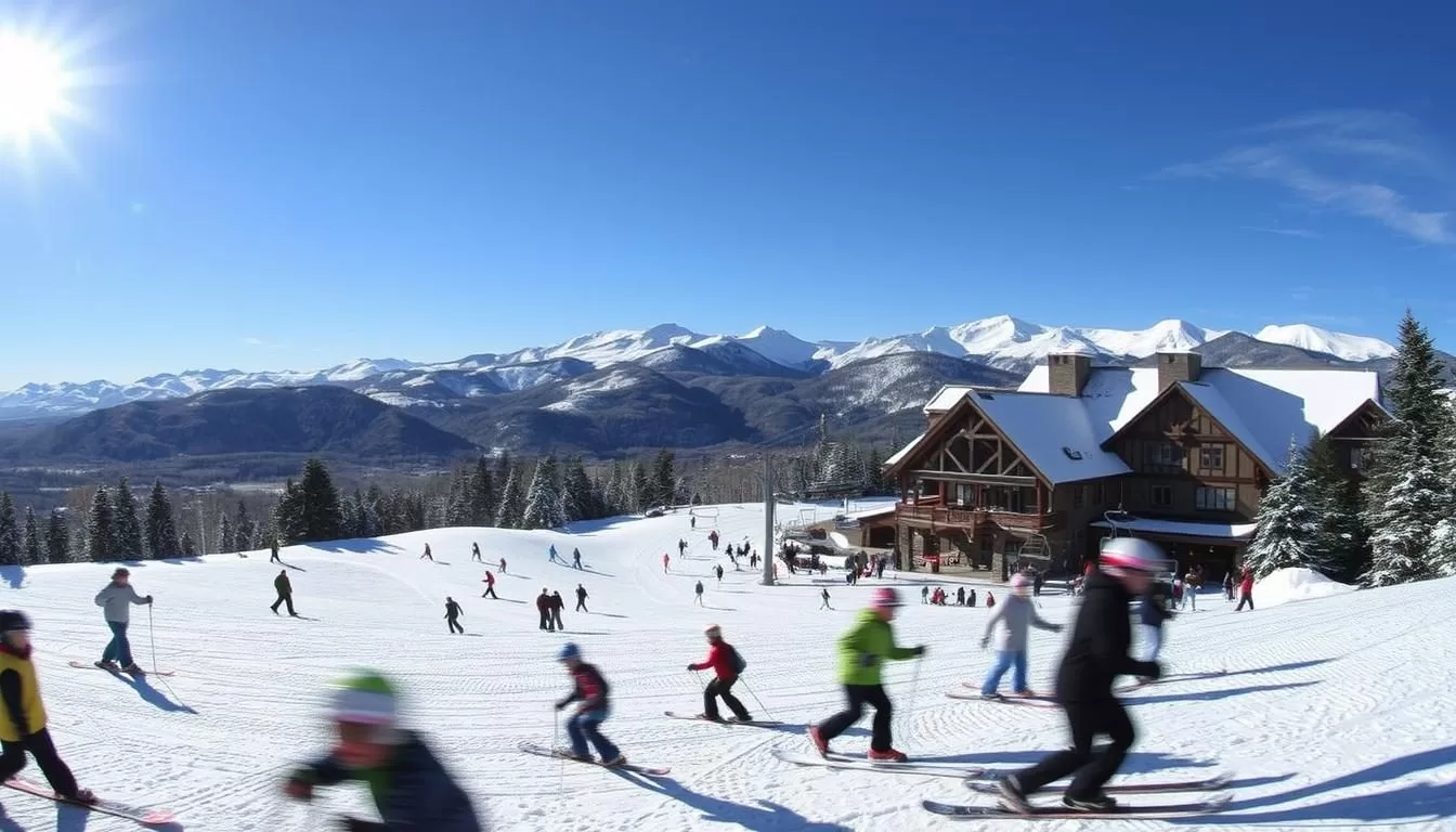 Cranmore Mountain Resort, nestled in the White Mountains of New Hampshire, bustling with outdoor activities on a bright, sun-dappled day. In the foreground, skiers and snowboarders glide effortlessly down groomed slopes, their movements blurred with motion. In the middle ground, a chairlift carries visitors up the mountain, offering sweeping vistas of the rugged, snow-capped peaks. In the background, a cozy lodge stands, its warm lights beckoning visitors to come inside and enjoy the après-ski atmosphere. The scene is captured with a wide-angle lens, conveying a sense of grandeur and adventure, the crisp, clean air and the thrill of the mountain experience.