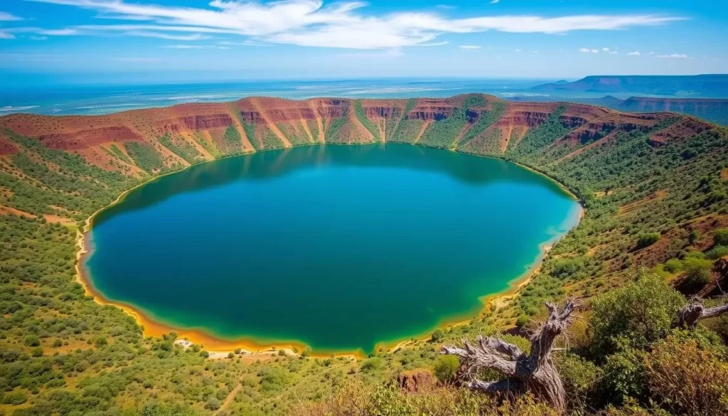 Crater lake in Tanzania with lush surroundings